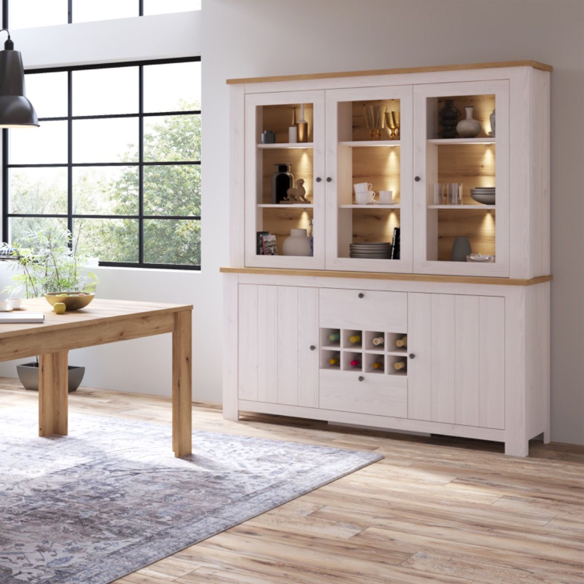 Celesto 2 Door 2 Drawer Sideboard / 3 Door Display top Unit Inc 6 Lights in White/Oak