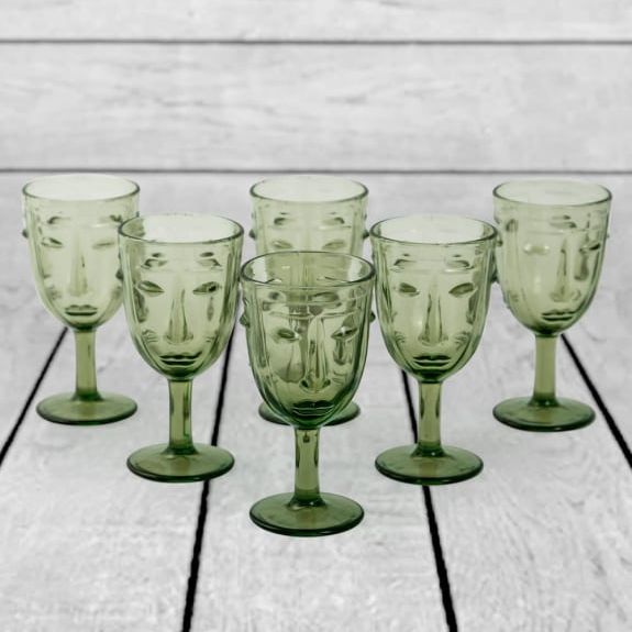 Set of 6 Green Deco Face Wine Glasses