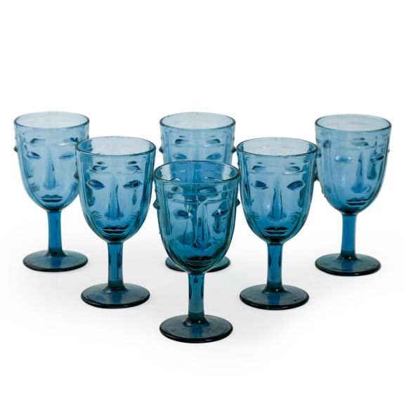 Set of 6 Blue Deco Face Wine Glasses