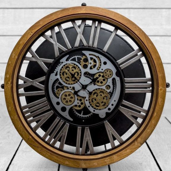 Industrial Wood and Iron Moving Gears Clock Coffee Table