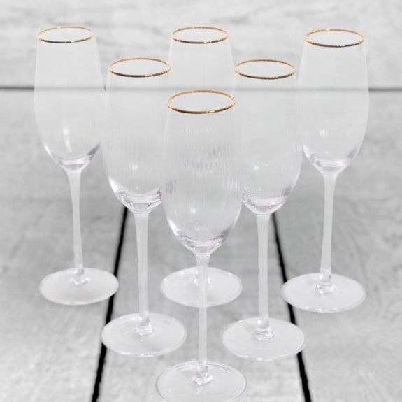 Set of 6 Traditional Champagne Flutes with Gold Rims