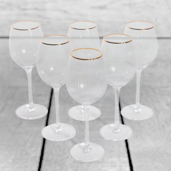 Set of 6 Traditional Wine Glasses with Gold Rims