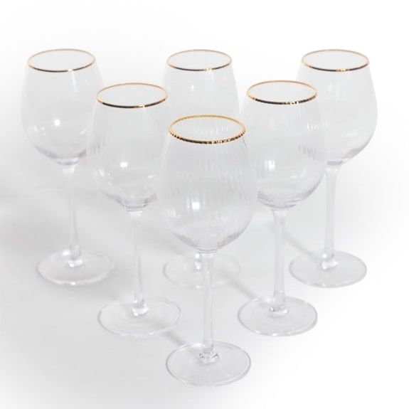 Set of 6 Traditional Wine Glasses with Gold Rims