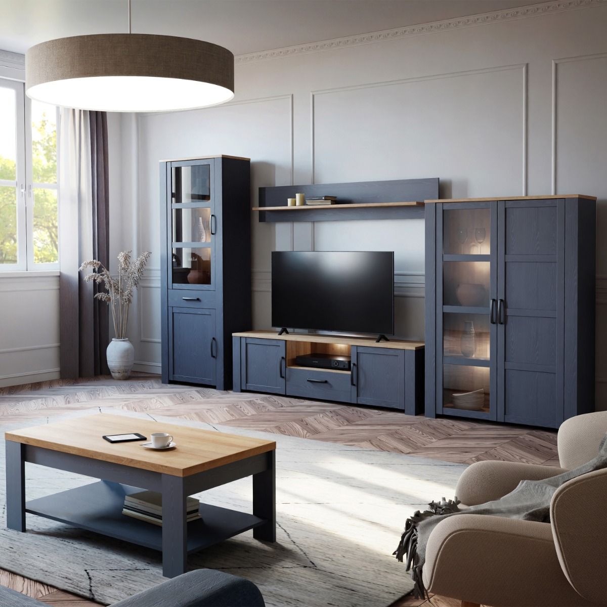 Bohol Display Cabinet in Riviera Oak/Navy with Optional LED Lighting