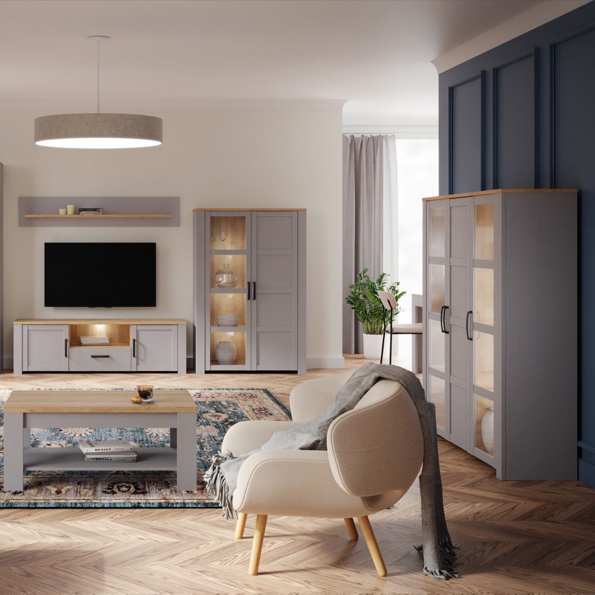 Bohol Large Display Cabinet in Riviera Oak/Grey Oak with Optional LED Lighting