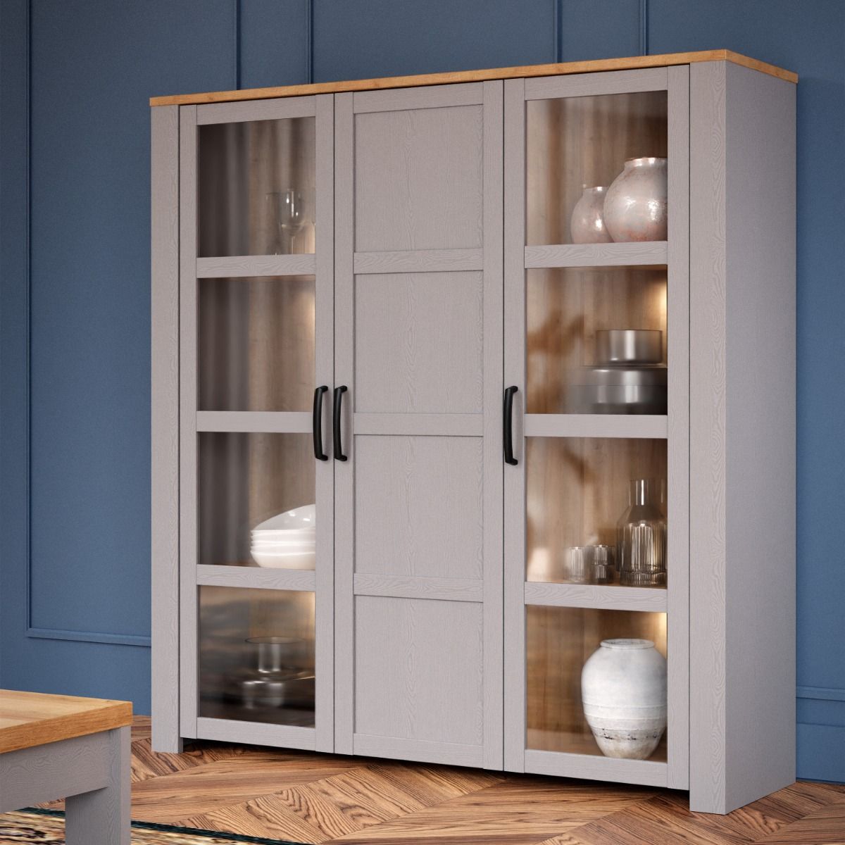 Bohol Large Display Cabinet in Riviera Oak/Grey Oak with Optional LED Lighting