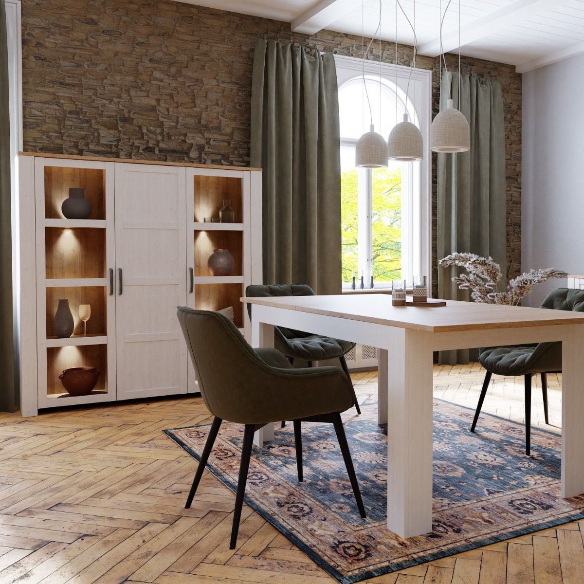 Bohol Large Display Cabinet in Riviera Oak/White with Optional LED Lighting