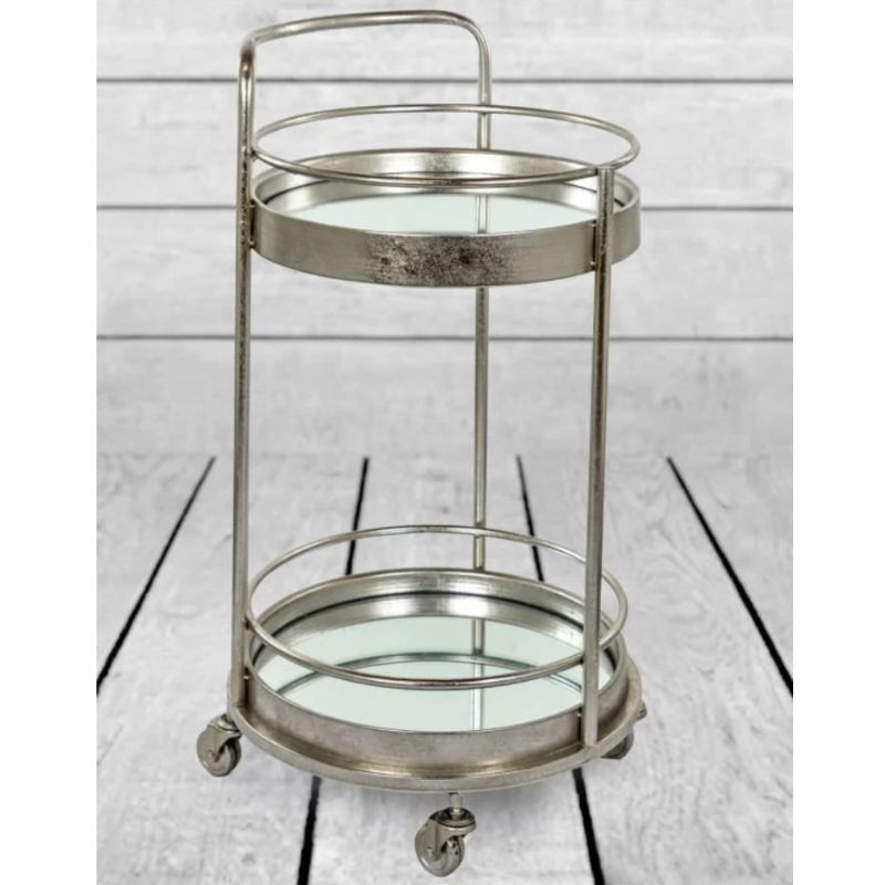 Antique Silver/Champagne Leaf Metal Small Round Bar Trolley with Mirror Shelves