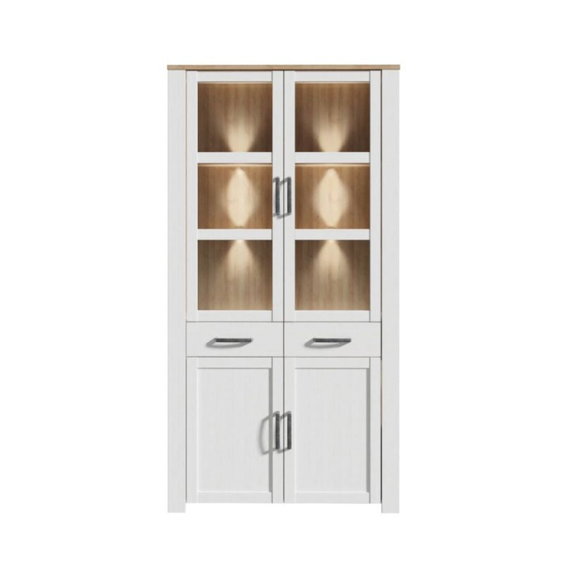 Bohol Display Cabinet 4 Door 2 Drawer in Oak/White with Optional LED Lighting
