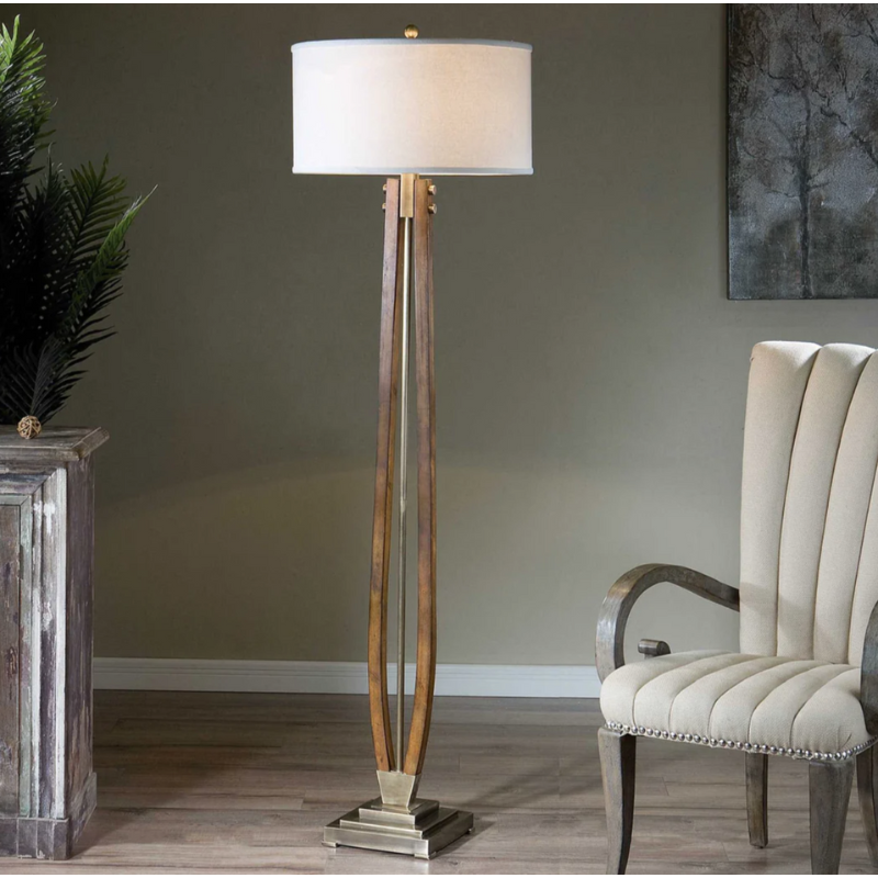 Antique Brass & Wood Sculptural Floor Lamp