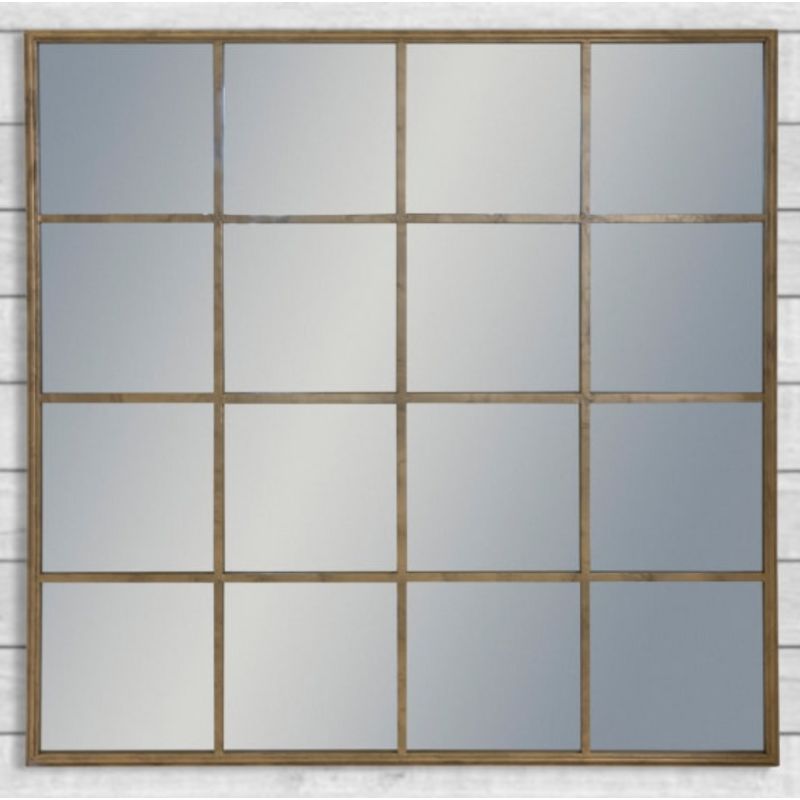 Large Antiqued Gold Square Metal Window Mirror - 110 x 110 cm
