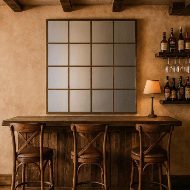 Large Antiqued Gold Square Metal Window Mirror - 110 x 110 cm