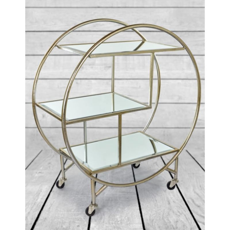 Round Silver/Champagne Mirror Drinks Trolley