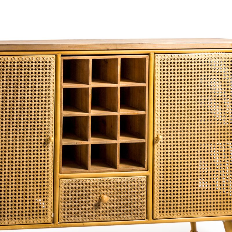 Rustic Metal Rattan and Wood Retro Sideboard Bar Unit