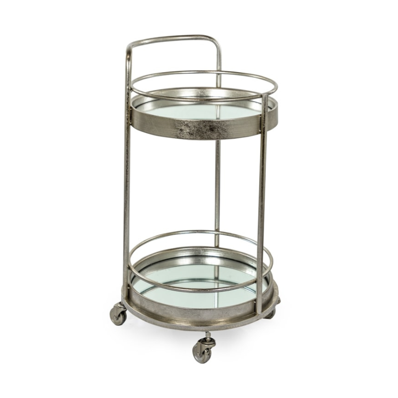 Antique Silver/Champagne Leaf Metal Small Round Bar Trolley with Mirror Shelves