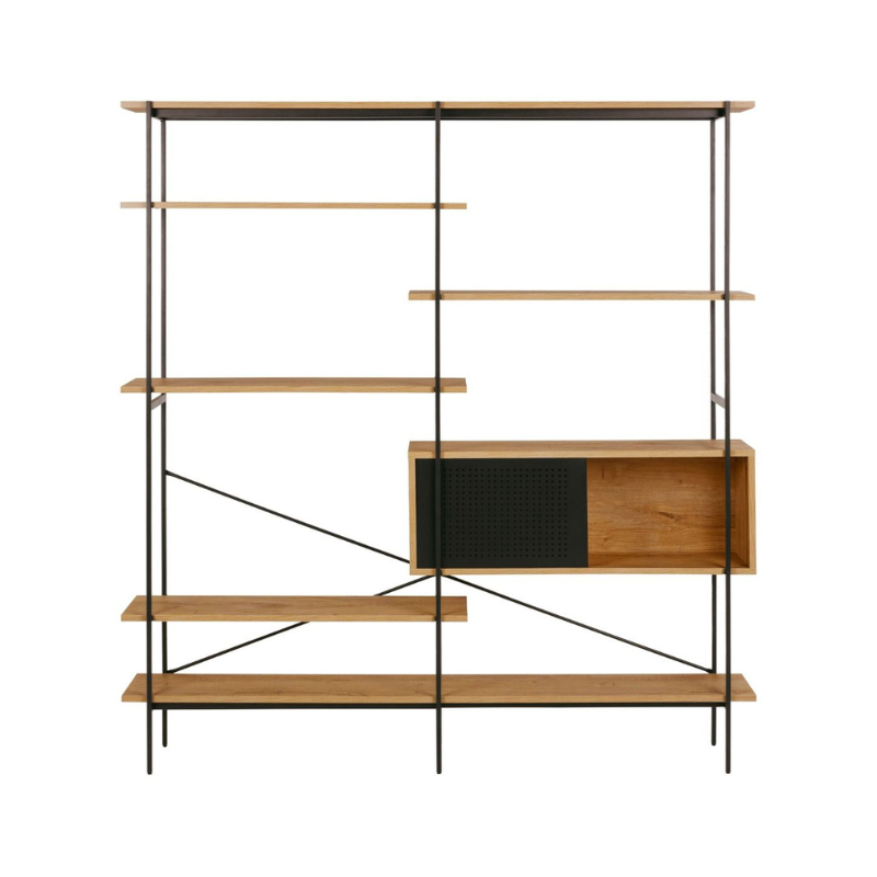 Angus Bookcase with 1 Sliding Door & 5 Shelves in Oak & Black