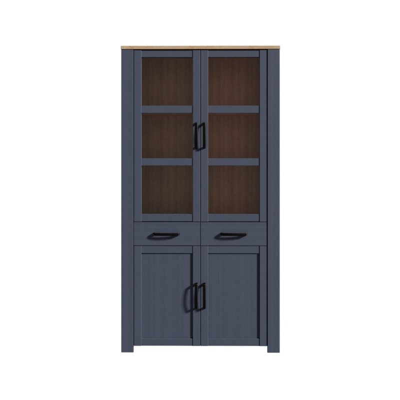 Bohol Display Cabinet 4 Door 2 Drawer in Oak/Navy with Optional LED Lighting