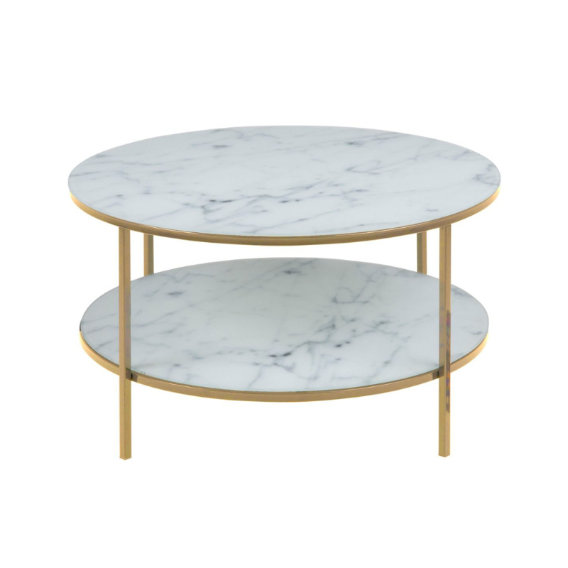Alisma Round Coffee Table with White Crystal Clear Marble Glass Top & Gold Legs