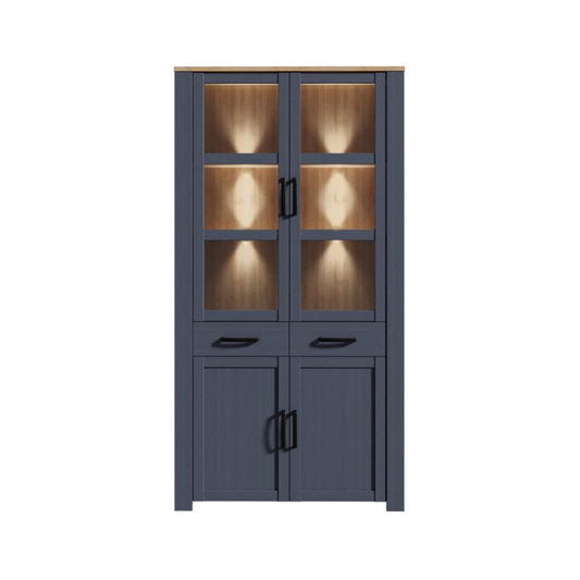 Bohol Display Cabinet 4 Door 2 Drawer in Oak/Navy with Optional LED Lighting