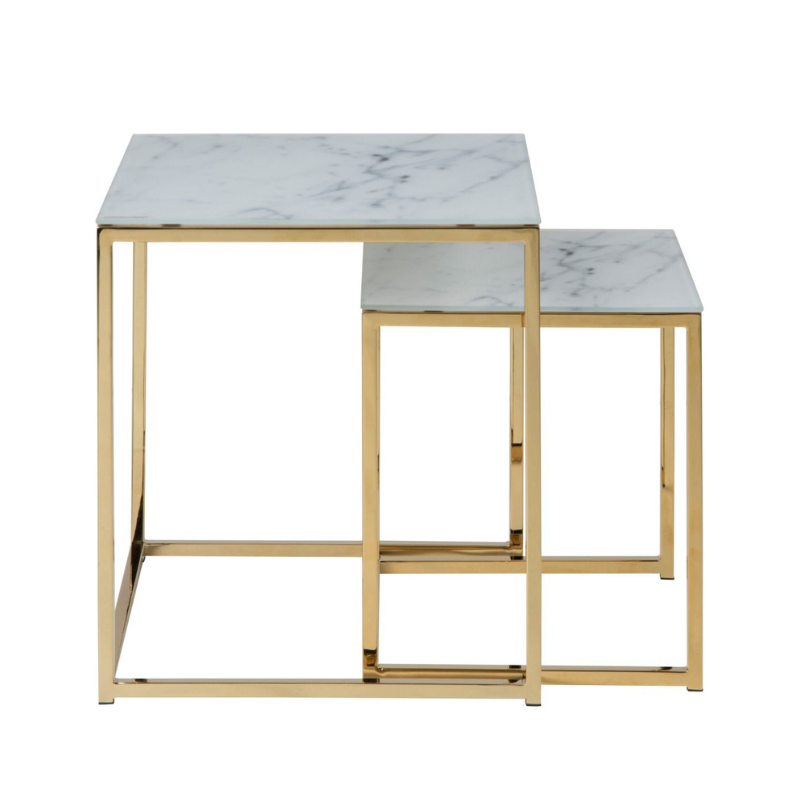 Alisma Nest of Tables with White Crystal Clear Marble Glass Top & Gold Legs