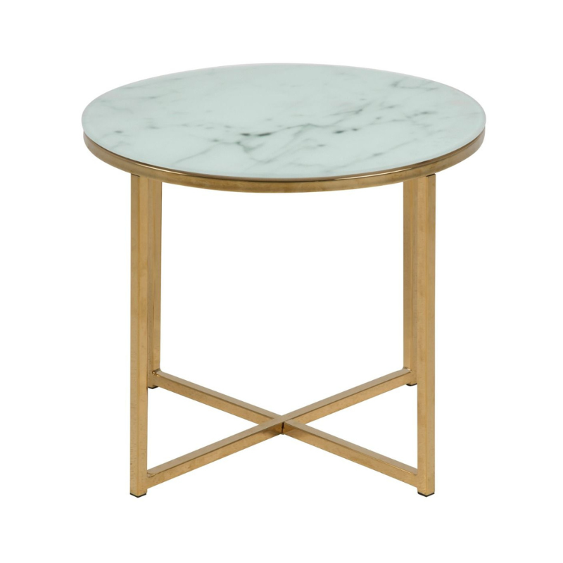 Alisma Round Side Table with White Crystal Clear Marble Glass Top & Gold Legs