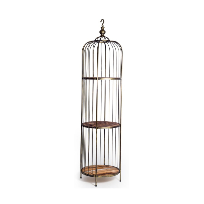 Antique Gold Bird Cage Style Storage Unit with Reclaimed Wood Shelves