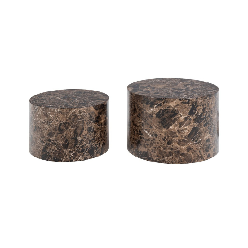 Dice Round Coffee Table Set of 2 in Brown Marble Finish