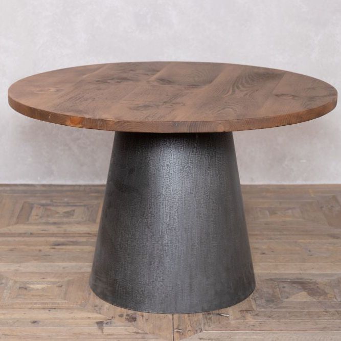 Round Vintage Dining Table with Pine Top and Metal Base