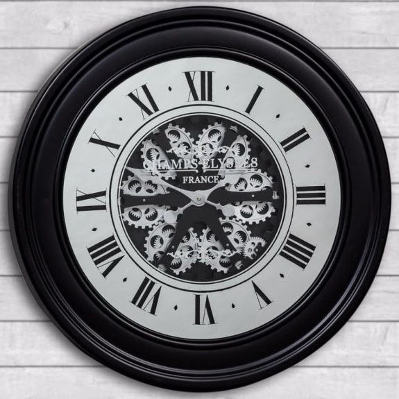Black Mirrored Face Antique Style Moving Gears Clock