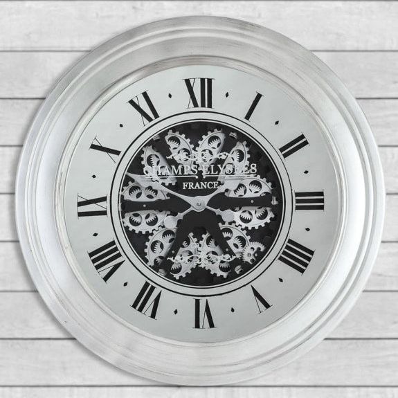 Silver Mirrored Face Antique Style Moving Gears Clock