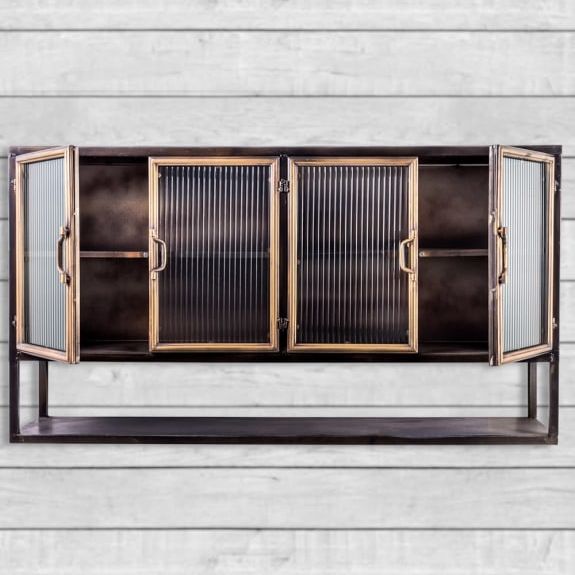 Black and Antique Gold "Orwell" Wide Metal Wall Cabinet with Shelf