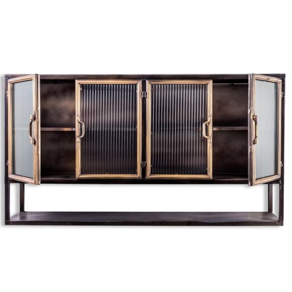 Black and Antique Gold "Orwell" Wide Metal Wall Cabinet with Shelf