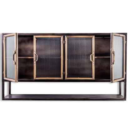 Black and Antique Gold "Orwell" Wide Metal Wall Cabinet with Shelf