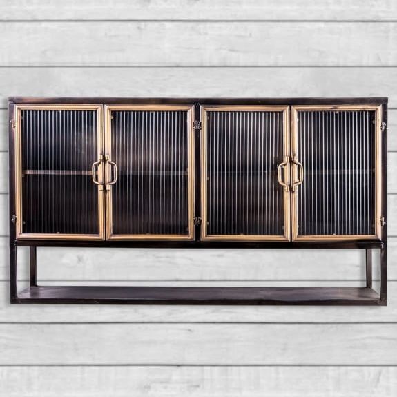 Black and Antique Gold "Orwell" Wide Metal Wall Cabinet with Shelf