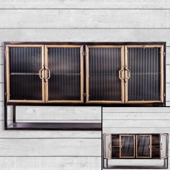 Black and Antique Gold "Orwell" Wide Metal Wall Cabinet with Shelf