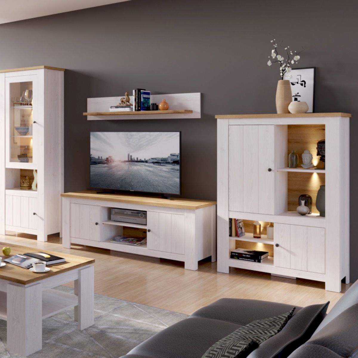 Celesto 2 door 4 Shelves Cabinet Inc 2 Lights in White/Oak