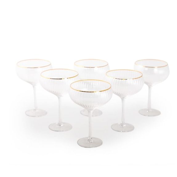 Set of 6 Large Traditional Coupe Champagne Glasses with Gold Rims