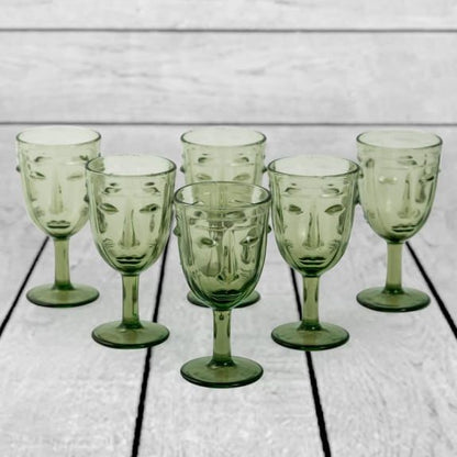 Set of 6 Green Deco Face Wine Glasses