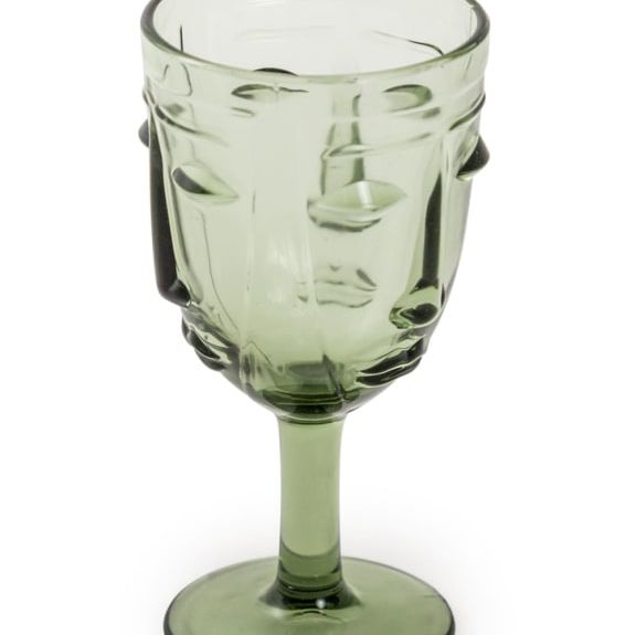 Set of 6 Green Deco Face Wine Glasses