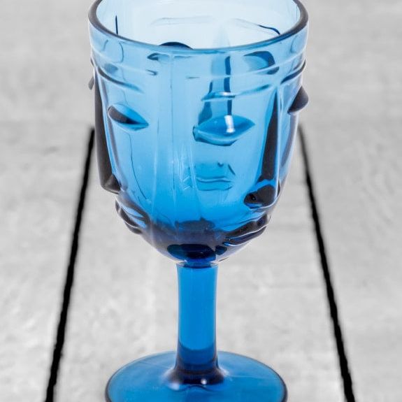 Set of 6 Blue Deco Face Wine Glasses