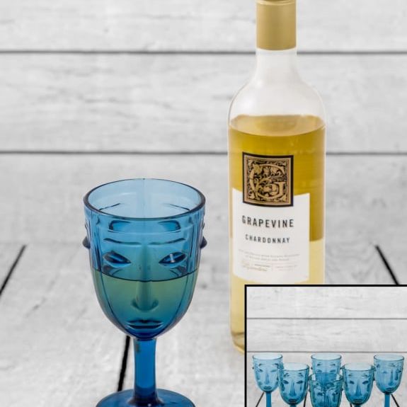 Set of 6 Blue Deco Face Wine Glasses