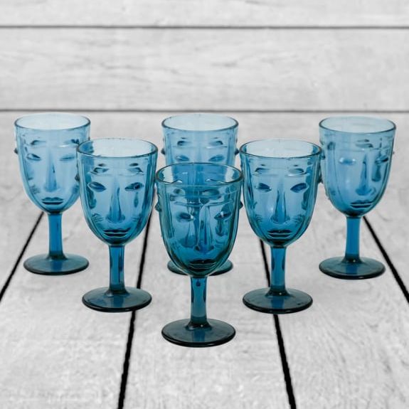 Set of 6 Blue Deco Face Wine Glasses