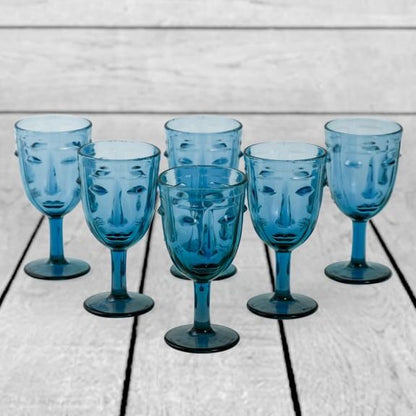 Set of 6 Blue Deco Face Wine Glasses