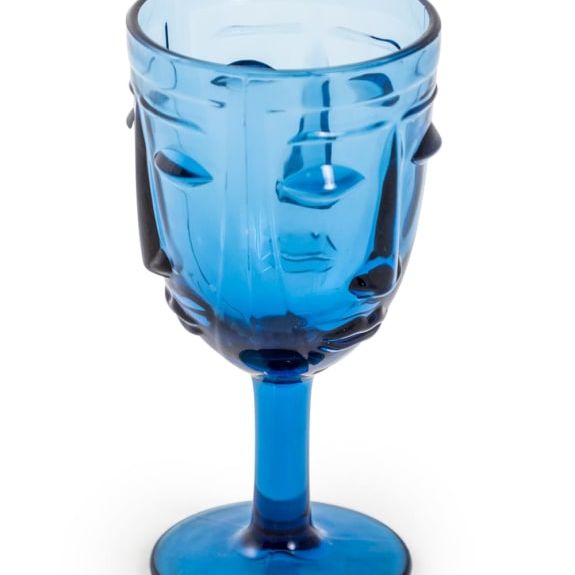 Set of 6 Blue Deco Face Wine Glasses