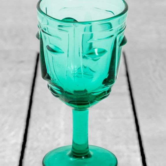 Set of 6 Teal Deco Face Wine Glasses