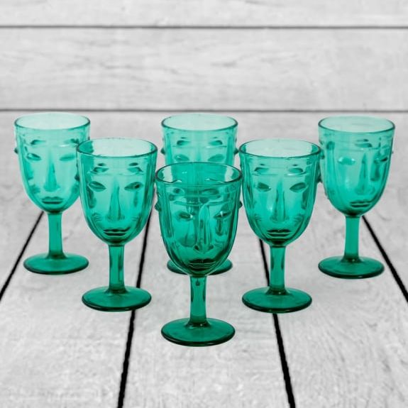 Set of 6 Teal Deco Face Wine Glasses