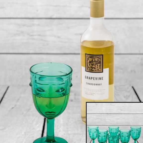 Set of 6 Teal Deco Face Wine Glasses