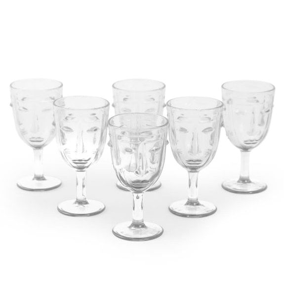 Set of 6 Clear Deco Face Wine Glasses