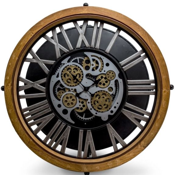 Industrial Wood and Iron Moving Gears Clock Coffee Table