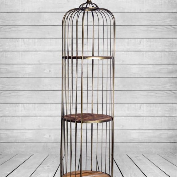 Antique Gold Bird Cage Style Storage Unit with Reclaimed Wood Shelves